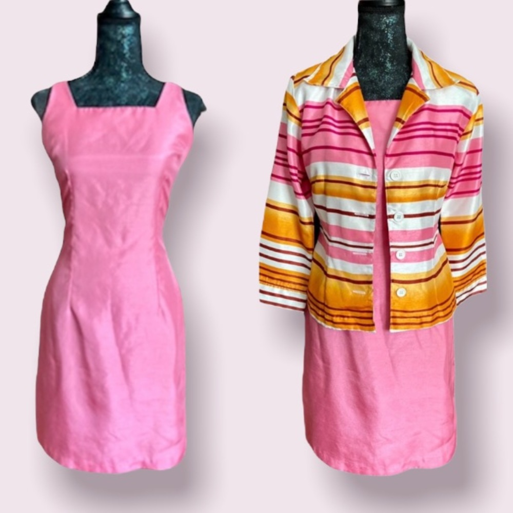Kloz Studio Pink Sleeveless Dress w/Matching Pink, Orange & White Striped Jacket